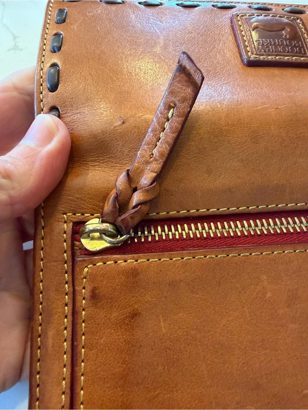 Dooney & Bourke Cognac Leather Tri Fold Wallet with Whipstitch Trim
